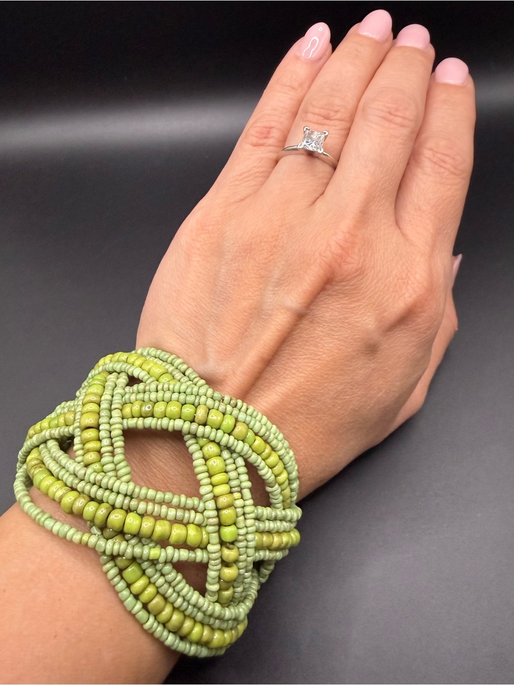 Bold Lime Green Beaded Multi-Strand Necklace with Matching Cuff Bracelet Set - Picture 6 of 10